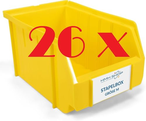 HMH 26x Stapelboxen Größe M Werkstatt Garage Keller Sichtlagerboxen 230x150x130mm Lagerboxen GELB Sichtlagerkästen Kleinteile Aufbewahrung