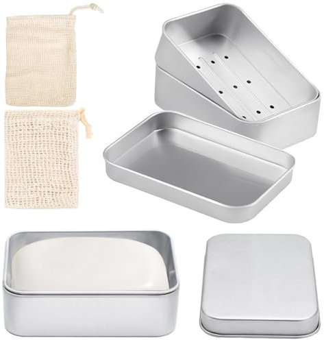 Mooshy 2 Stück Seifendose aus Aluminium, Seifenschalen mit Abtropfgitter Sisal Seifensäckchen und Schaumnetz, Seifenbox für zu Hause oder auf Reise Seifenbehälter Seifenbox Wasserdicht