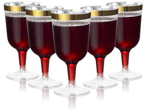 MATANA 72 Elegant Clear Hard Plastic Wine Glasses with Gold Rim (180ml) - Sturdy & Reusable Glasses for Cocktails, Dessert - Birthdays, Weddings, Christmas, BBQ, Picnic, Parties