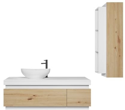 Easy4You Matt Weiß/Eiche Unterschrank Seya 110 cm mit 2 Schubladen + Hängeschrank 30x100 cm Badschrank Badezimmerschrank Seitenschrank