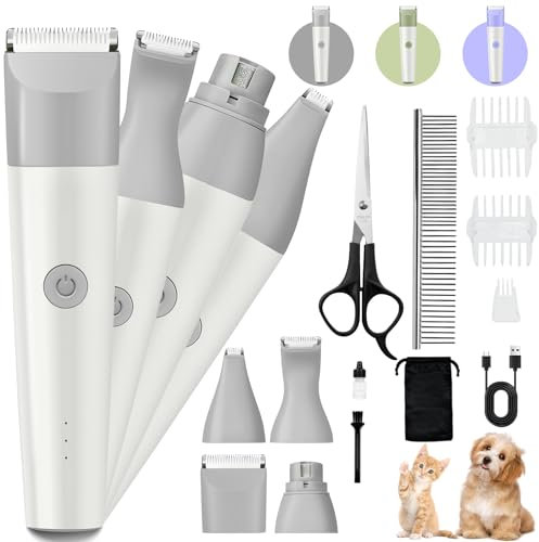 Muaket Cat Clippers Grooming Kit 4 in 1, Low Noise Cordless Dog Paw Trimmer & Nail Grinder, Small Dog Cat Grooming Clippers Electric Rechargeable for Trimming Hair on Paw Eye Ear Face Rump, Grey