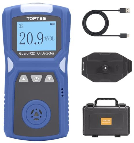 TopTes Guard-722 Oxygen Detector, Portable O2 Monitor, 0-30%, Rechargeable 120H Battery Duration, Sound, Light and Vibration Alarms, Dust and Explosion Proof, Handheld O2 Meter for Work, Home - Blue