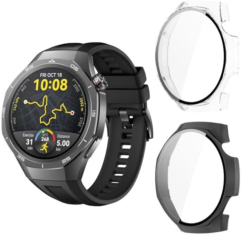 Aerku Funda Compatible con Huawei Watch GT 5 Pro 46MM, 9H HD Anti-Choque Parachoques Anti-rasguños Protector Duro PC Marco Cristal Templado Protector de Pantalla Funda - Transparente&Negro