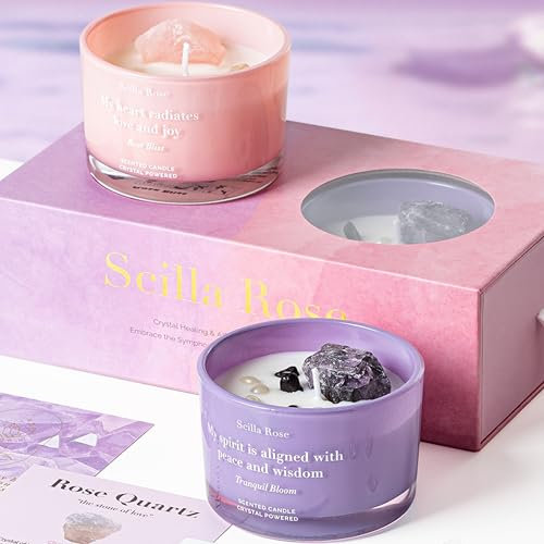 Scilla Rose Luxury Crystal Candle Gift Set – Rose Quartz & Amethyst Scented Soy Wax Candles | Aromatherapy Self-Care, Lavender Sleep, Stress Relief, Unique Mother's Day & Birthday Gifts