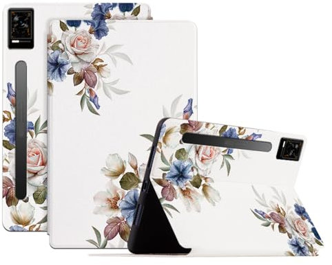 SLLMYYX Funda para tablet ZTE Nubia Red Magic de 12.1 pulgadas, funda protectora de piel con soporte delgado con encendido y apagado automático (flores blancas)