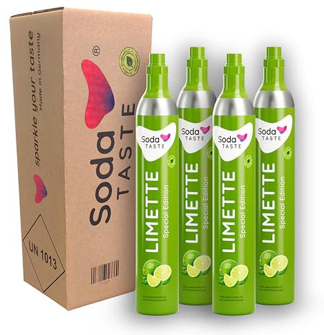 SodaTASTE CO2-Zylinder tauschen 4er-Pack (Refill) für Wassersprudler, mit natürlichem Limettenaroma, ohne Sirup, für bis zu 240l Sprudelwasser mit Geschmack, zuckerfrei (ACHTUNG: 4 Leerzylinder nötig)