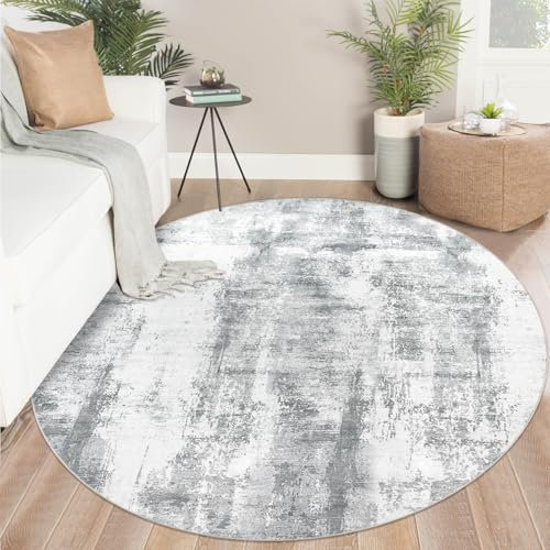 Famibay Teppich Wohnzimmer Rund 160CM Teppich Schlafzimmer Grau Kurzflor Wohnzimmerteppich Modern Abstrakt Waschbar rutschfest Rund für Wohnzimmer Schlafzimmer Esszimmer