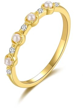 Grewod Ring für Damen Gold 375/585 Vintage Zierlich Weiß Rund Perle mit Moissanit Eheringe Verlobungsringe Gr.47-62