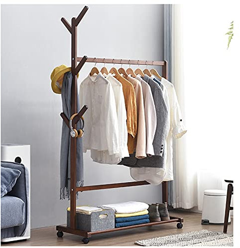 Heavy Duty Kleidung Schiene mit Grid Lagerregal Abschließbare Räder Tasche Haken und Holz Design 65cm Braun Holz Mobile Display Stand