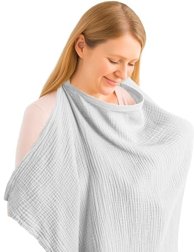 Breastfeeding Cover with Adjustable Strap, 360° Full Privacy Nursing & Pumping Cover, Multi-Use Muslin Cotton for Car Seat, Stroller, Baby Blanket, Soft, Breathable, Lightweight, Grey