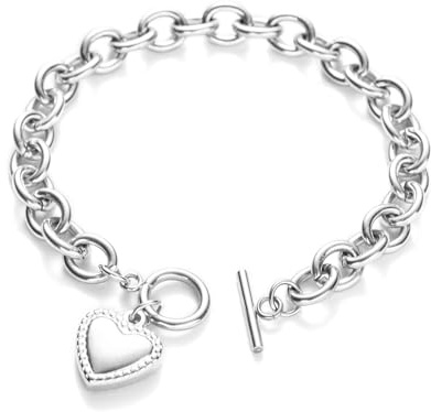 14k Gold Silver Tone Heart Pendant Bracelets for Women with Hinged Clasp Stainless Steel Minimalist Jewelry 7.5, Medium, Stainless Steel, No Gemstone