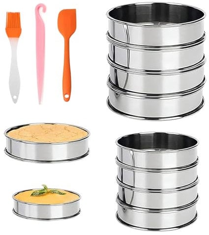 Crumpet Rings, Pack of 8 Round Pancake Mould with Brush, Demoulding Knife, Scraper, 304 Stainless Steel Cake Ring, Round Crumpet Moulds for Muffins, Pancakes, Omelettes, Tarts, Mousse (8.5 cm x 4 and