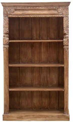 Handgeschnitztes Regal aus Teak Massivholz – 193 cm, Vintage Braun | Standregal für Wohnzimmer, Diele & Schlafzimmer | Offenes Bücherregal, Raumteiler & Wandregal ohne Bohren Muster -102-