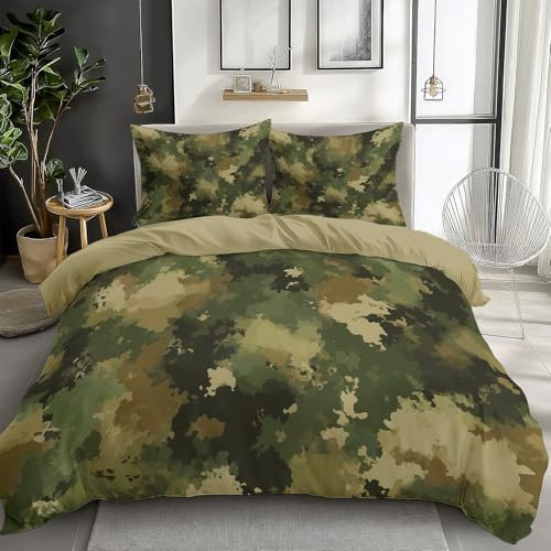 Bettwäsche 155x220cm Camouflage Grün Bettbezug Set, Weich Atmungsaktiv Polyester Baumwolle Bettwäsche 3 teilig, für Erwachsene Kinder mit 2 Kissenbezug 80x80 cm