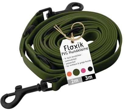 Floxik PVC Hundeleine 3m Grün | 4 Längen verstellbare Führleine für mittlere & große Hunde | Schmutz- & Wasserfest | Ideale Umhängeleine für das nächste Abenteuer mit deinem Liebling