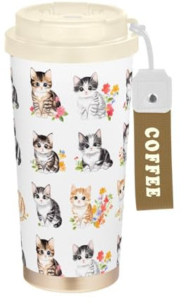 linqin Vaso de café de viaje con diseño de gatos lindos de dibujos animados para hombres, tazas con tapas, taza térmica de acero inoxidable para frío y calor, 17 onzas, a prueba de fugas
