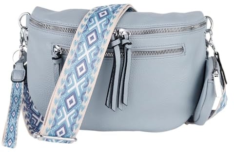 MIRROSI® Bauchtasche Damen, Veganleder 30x20x9cm, Umhängetasche, Brusttasche, Crossbody bag, Kunstleder leder, verstellbare Schulterriemen Bohemian Style (Hellblau)