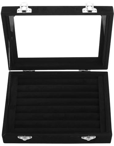 Aoyfuwell Schmuckbox, Ringorganizer, Schmuckaufbewahrungsbox, Verschließbare Schmuckaufbewahrungsbox aus Samt, 7-Fach Ohrringbox, Kleine schwarze Schmuckbox mit Vitrine