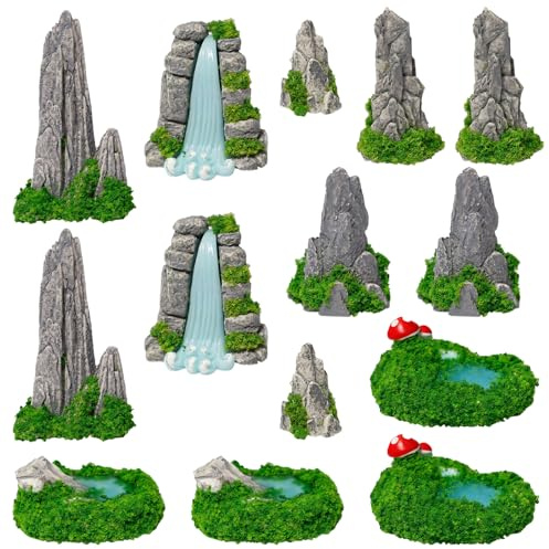 Sxutop Lot de 14 Mini Modèles en Résine,Modèle de Montagne,Rockery | Jardin Miniature Décor,Paysage de Rocaille pour Modélisme,Décoration de Paysage,avec Montagne et Bassin D'eau,pour Jardin