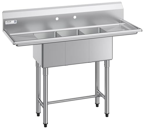 VEVOR Fregadero Independiente de 3 Compartimentos, Acero Inoxidable 304, Lavabo móvil de 1372 x 508 x 1097 mm con 2 Escurridores, Protector Antisalpicaduras para Cocina Restaurante Hogares Exteriores