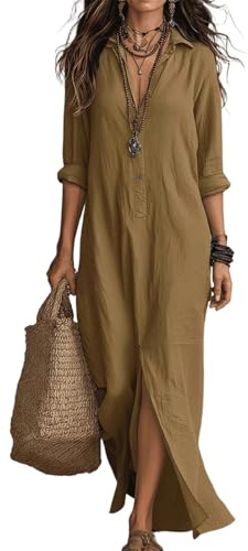 Ansenesna Blusenkleid Damen Langarm Elegant Sommerkleid Damen Lang Leicht Tunika Kleid Sommer Maxikleider mit Ärmel Strand Frühlingskleid Frauen V Ausschnitt Casual Hemdblusenkleid mit Schlitz