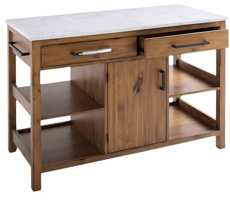 WANGHAI-666 Mesa de Isla Isla de Cocina rústica Madera Maciza con Tapa Piedra, gabinete cajones y estantes Abiertos(Pequeño)