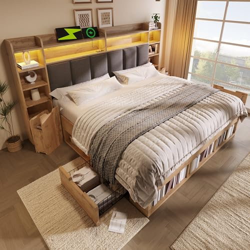 Merax Holzbett 160x200cm, Polsterbett Bettrahmen, Funktionsbett mit Schubladen und Staufac,Polsterkopfteil mit LED, Nachttische mit USB und Type-C, Stauraumbett, Eichefarben, Ohne Matratze, Eiche