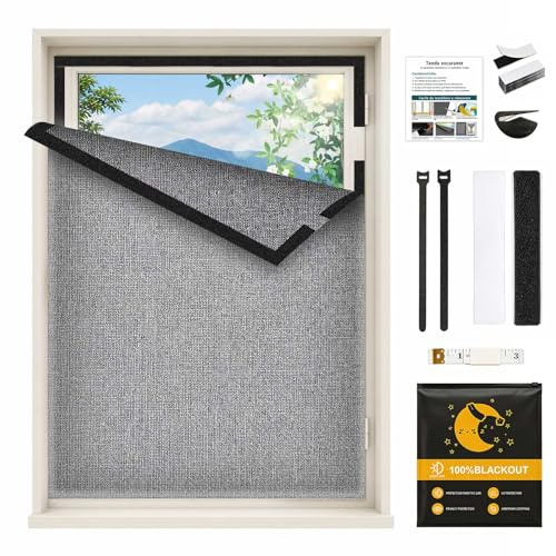 Fenster Dachfenster Verdunkelung, Leinenoptik mit Material-Upgrade, Faltenfreies Verdunklungsrollo ohne Bohren, Sonnenschutz, für Schlafzimmer, Dachgeschoss, Reise & Wohnmobil,200 x 150cm