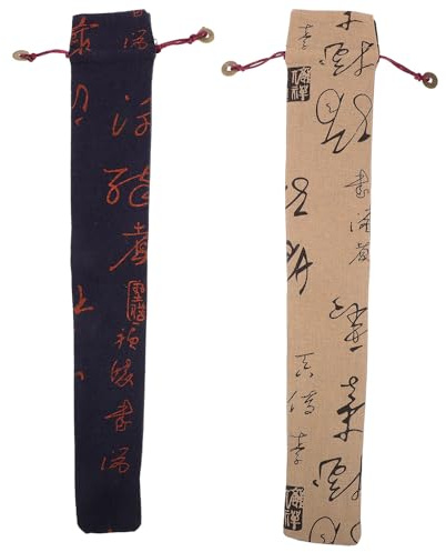 2 Stück Schutztasche für Bambusflöte und Shakuhachi aus Baumwollleinen | Rope Öffnung, Gefüttertes Innenfach, Einfache Optik mit Chinesischen Schriftmustern Zufälliger Stil