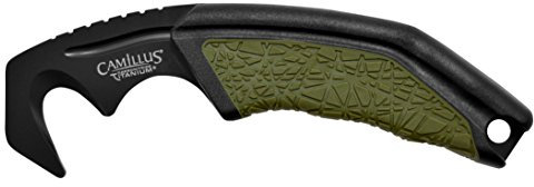 Camillus Coltello ad uncino GH-6, con fodero balistico in nylon, lama ad uncino in acciaio AUS-8 in carbonitruro di titanio da 5,7 cm, impugnatura GFN/TPE, nero/verde, 15,2 cm