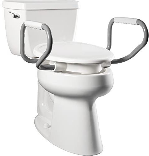 Bemis 7YE85320ARM 000 Assurance - Asiento de inodoro elevado de 3 pulgadas con escudo limpio y brazos de apoyo, blanco, alargado
