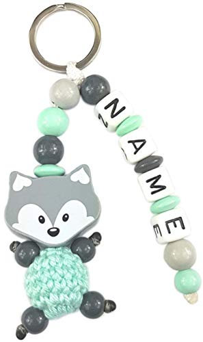 Schlüsselanhänger mit Namen Gravur beschriftbar Fuchs mit Häkelkörper | Personalisiert mit Name (Mint Grau)