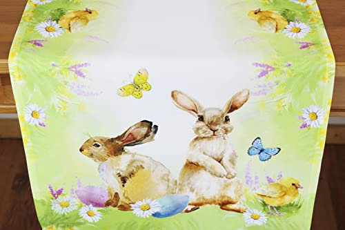 KAMACA Tischläufer Frühling Ostern Blumen Hasen Dekor Osterhasen Ostereier Bunt Waschbar Küche Esstisch Tisch Dekoration rechteckig (40x140 cm Verspielte Hasen)