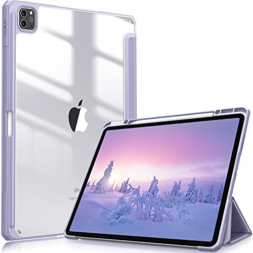 FINTIE Hybrid Hülle für iPad Pro 12.9 2022 (6. Generation)/ iPad Pro 12.9 2021/2020/2018 mit Stifthalter - Stoßfeste Schutzhülle mit transparenter Hartschale auf der Rückseite, Pastellviolett