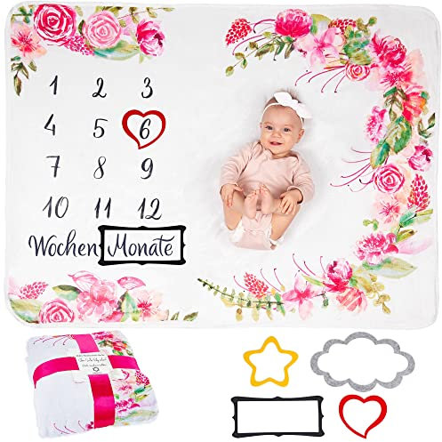 ODOXIA Baby Meilenstein Decke auf Deutsch | Monatsdecke Baby Junge & Mädchen, Unisex | Blumen & Blätter | Personalisiertes Neugeborenen-Geschenk für Mütter | Babydecke | Meilensteindecke und Rahmen