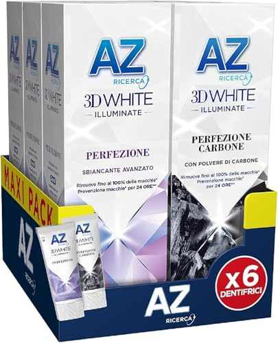 Az Ricerca 3D White Perfektion Holzkohle Zahnpasta mit professioneller Zahnaufhellung, Maxi-Format 3 + 3 Packungen x 50 ml