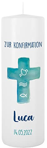 Herz & Heim® Konfirmationskerze mit Gratis Aufdruck des Namens u. des Datums 8 x 25 cm Kreuz Watercolour