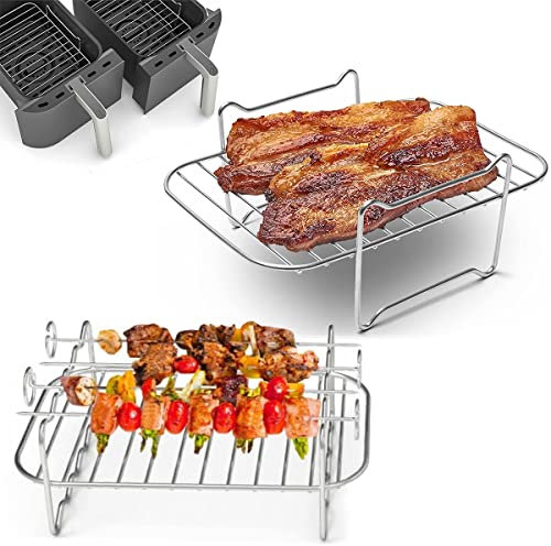 Air Fryer Rack for Ninja Dual Air Fryer, 304 Stainless Steel Grilling Rack with 4 Barbecue Sticks, Air Fryer Accessories with Steam Grill Oil Brush BBQ Clip, for Double Basket Air Fryers (6pcs, grill)