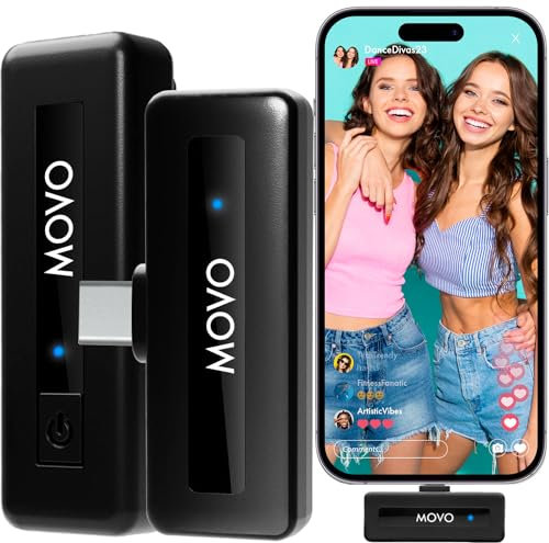 Movo Wireless Mini Ultra Compact 2.4 GHz Wireless Microphone for Android with Clip on Lavalier Mic, 10HR Battery, 50m Range, Noise Cancellation - USB-C Lapel Microphone for Video Recording
