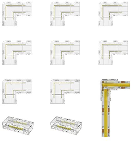 COB LED Streifen auf Kabelverbinder Unverdrahtete Clips lötfrei Steckverbinder Set für 8mm Breite COB LED Streifen 2Pin, 2 Stück Transparente Mittelverbinder,8 Stück L Form für LED Streifen 12V 24V