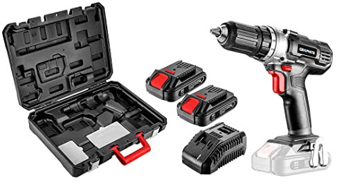 GRAPHITE 18V Akkubohrschrauber Li-Ion Bohrer Energy+, Bohrmaschine/Schrauber mit zwei Akkupacks von 2.0Ah und Ladegerät in Tragekoffer, 13 mm Bohrfutter