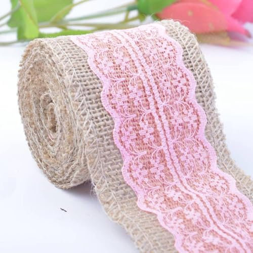 Duories 2m Juteband mit Spitze, Breite 6cm Vintage Spitze Juteband Jutebänder, Natürliche Jute Bänder und Spitze Dekoband für DIY Basteln Hochzeit Geschenkverpackung Weihnachten Deko Hausdeko, Rosa