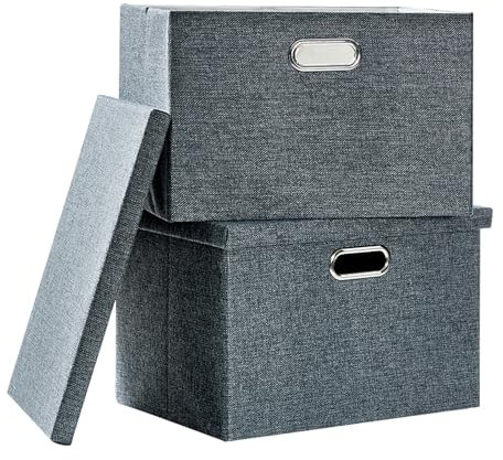 AlphaHome Fabric Storage Boxes with Lids [2 Pack], Foldable Linen Fabric Storage Baskets for Organising Clothes and Toys (Slate Grey, Large)