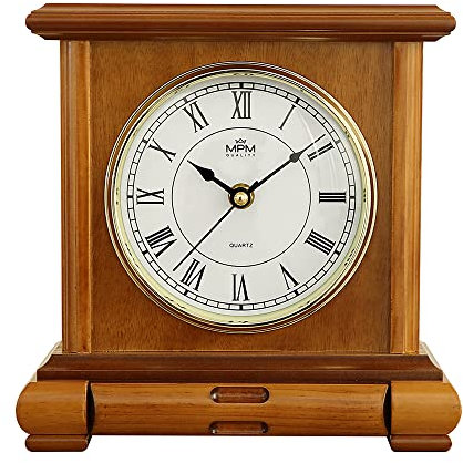 MPM Quality Retro Light Wood Tischuhr, Helles Holz, Traditionelle und Elegante Holztischuhr, Römischen Ziffern, Präziser Quarz-Schrittmotor, schöne Tisch Dekoration für Wohnzimmer, Küche, Büro