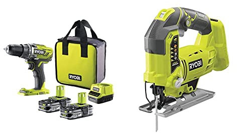 RYOBI - Perceuse-Visseuse Sans Fil 18V ONE+ - Spécial Perçage Gros Diamètres - 2 Vitesses - Livrée avec 2 Batteries 1,5Ah Li-ion & Scie Sauteuse Pendulaire 4 Positions 18 V ONE+ Sans Fil Pour