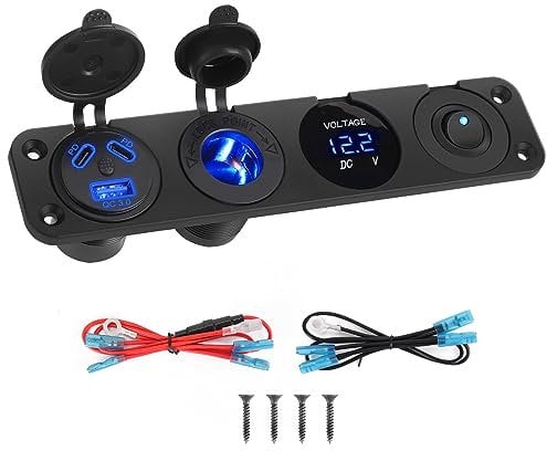 Thlevel Pannello Interruttore Caricabatteria per Auto 18W QC3.0 USB e 45W PD Tipo C Presa Accendisigari LED Voltmetro Digitale a Levetta per 12V 24V Camion Caravan Barca