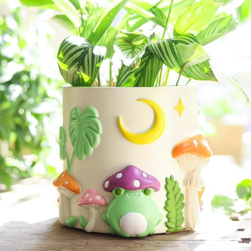 GUGUGO Farbiger Froschgarten-Blumentopf, Regenbogen-Pflanztopf mit Abfluss, Vintage-Retro-Pilz-Blumentopf für Zimmerpflanzen, ausgefallener Sukkulenten-Pflanztopf für Wohnkultur (A, 12,7 cm)