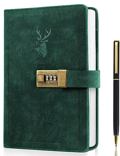 ZukoCert Tagebuch mit Schloss, A5, PU-Leder, Tagebuch mit Schloss, 240 Seiten, Retro-Tagebuch mit Schloss und Schlüssel zum Schutz Ihrer Privatsphäre, Unisex, Hirschkopf-Stil, Grün