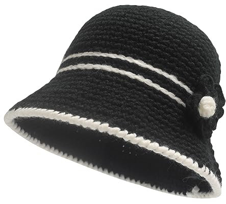 ZLYC Chapeau cloche d'hiver tendance en tricot pour femme - Couleur unie, Broche Fleur Noir, Taille unique
