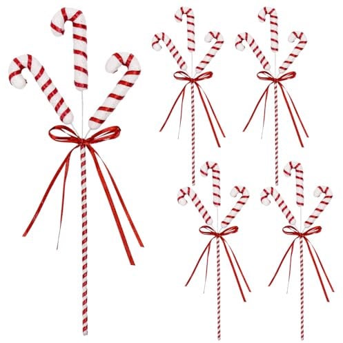 6 Pcs Red & White Glitter Candy Cane Spray, 28 CM Christmas Ornament Picks Christmas Tree Decorations Christmas Candy Cane Tree Toppers for Xmas Tree Party Supplies Vase Filler Crafts (Red & White)